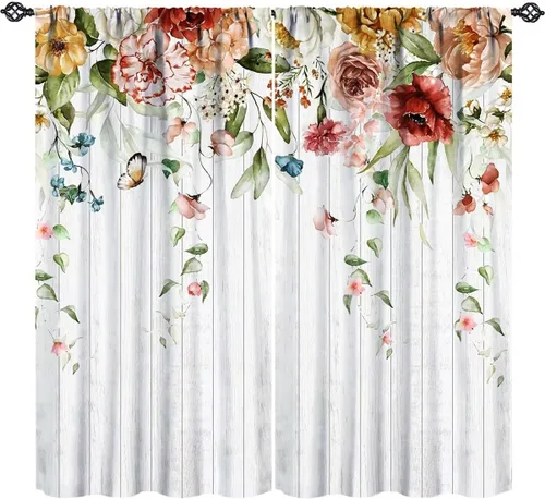 Vista 12 de Cortinas de cocina con hojas de acuarela, diseño de girasol, floral, plantas campestres, primavera, naturaleza, arte, impreso, tela para el hogar