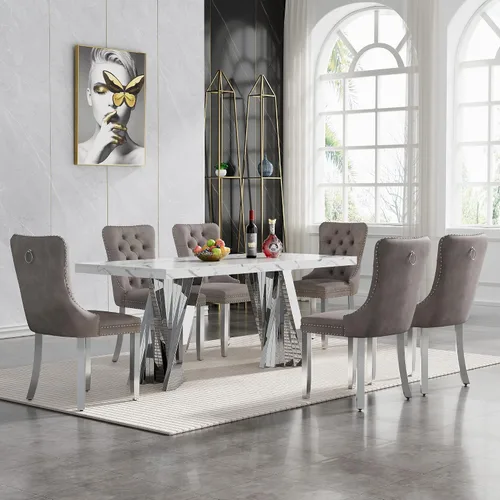 Vista 90 de HomVent - Juego de mesa de comedor de mármol sintético de 68 pulgadas con 4 sillas de terciopelo para cocina Modern Rectangular Faux Marble