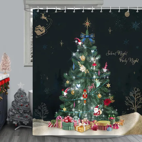Vista 2 de Bonhause Cortina de Ducha de Árbol de Navidad Cajas de Regalo de Árbol de Navidad Noche Milagrosa Cortina de Baño Decorativa 72 x 72 Pulgadas Tela