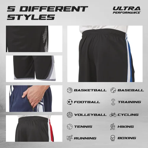 Vista 5 de Ultra Performance - Paquete de 5pantalones cortos deportivos para hombre con bolsillos de cremallera - Para correr, baloncesto y entrenamiento