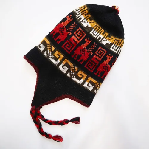 Vista 4 de Gorro de invierno con mezcla de lana de alpaca Chullo Peruano Inca Diseño Reversible con orejeras. Gorro de tamaño mediano, Unisex