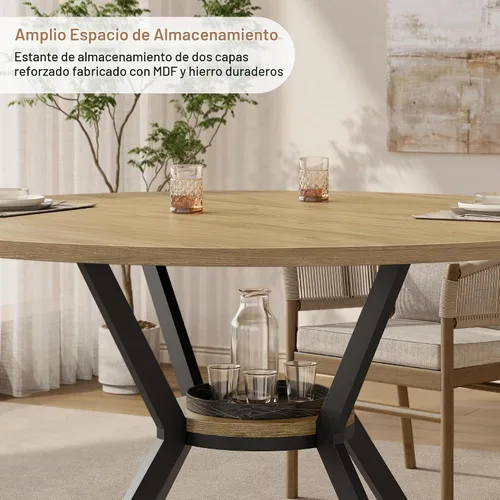 Vista 3 de MECHYIN Mesa de comedor redonda de 42 pulgadas para 2 a 4, mesa de cocina redonda de granja con estante de almacenamiento, mesa de comedor