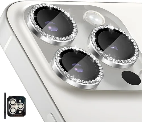 Vista 17 de Protector de lente de cámara para iPhone 15 Pro/15 Pro Max, protector de lente de anillo de cámara de vidrio templado individual con bandeja