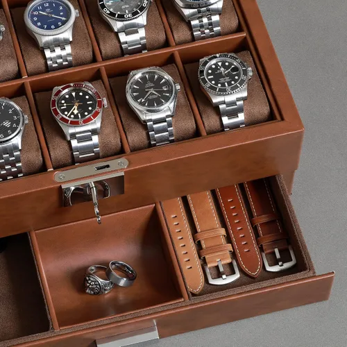 Vista 5 de Juego de regalo Caja de reloj de cuero con 10 ranuras con cajón de valet y funda de viaje para 2 relojes a juego, organizador de exhibición