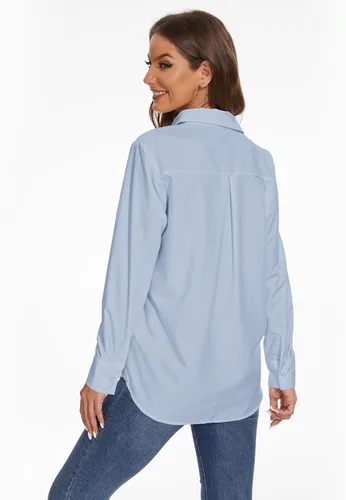 Vista 6 de YAMANMAN Camisas con botones para mujer, camisas de vestir de manga larga sin arrugas, blusas casuales de negocios para oficina y trabajo Azul