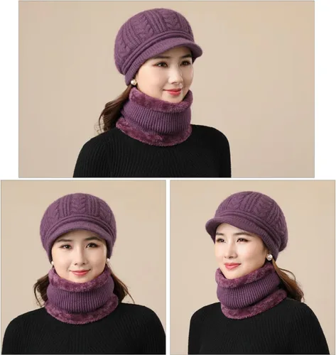 Vista 7 de Gorro de invierno para mujer, con forro polar, cálido, tejido, holgado, con visera