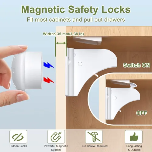 Vista 2 de AOSITE - Cerraduras magnéticas de seguridad para niños, paquete de 4 cerraduras magnéticas para cajones de cocina con adhesivo, sin taladrar ni