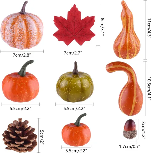 Vista 4 de FEPITO 56 piezas de conos de pino de calabazas de otoño para decoraciones Mini calabazas artificiales, conos de pino, hojas de otoño, bellotas