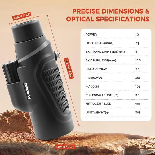 Vista 8 de Astromania Telescopio monocular 10x42 HD K9 prisma – Alta potencia y compacto, impermeable, a prueba de niebla, a prueba de golpes para observación