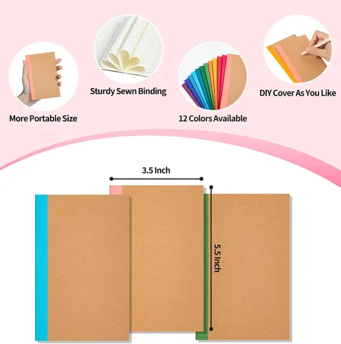 Vista 2 de ALKALO Paquete de 12 mini cuadernos forrados de bolsillo a granel, cubierta de papel kraft de 3.5 x 5.5 con espinas arcoíris