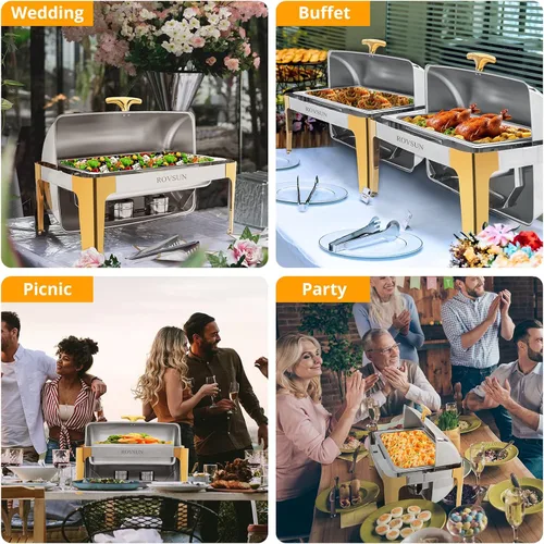 Vista 2 de ROVSUN Juego de platos de bufé con tapa enrollable, con detalles dorados, NSF de 9 cuartos de galón de acero inoxidable rectangular, juego