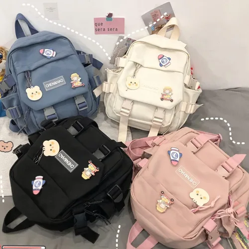 Vista 6 de Mini mochila kawaii con bonitos accesorios de alfiler, colgante de felpa, mochila escolar kawaii linda mini estética, Azul 3, Mochilas tipo mochila