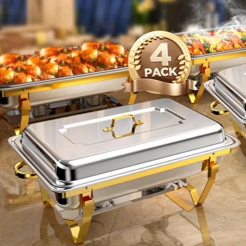 Vista 9 de Juego de 2 Platos de Roce de 8 Qt para Buffet, Juego de Chafer para Catering de Acero Inoxidable de Tamaño Completo Dorado, Rectangular