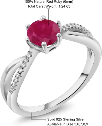 Vista 5 de Gem Stone King Anillo de compromiso de boda de plata de ley 925 con piedras preciosas de rubí rojo y rubí para mujer, 6 puntas