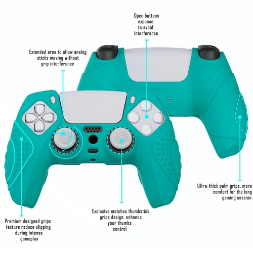 Vista 4 de eXtremeRate PlayVital Guardian Edition Aqua Green Ergonomic Soft Anti-Slip Controller Silicone Case Cover for ps5, Rubber Protector Skins with White