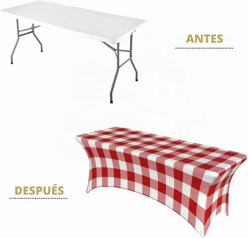 Vista 3 de mantel elástico de 6 pies, mantel rectangular ajustable de lana cuadriculada de color rojo y blanco para fiesta, banquete, festival, boda