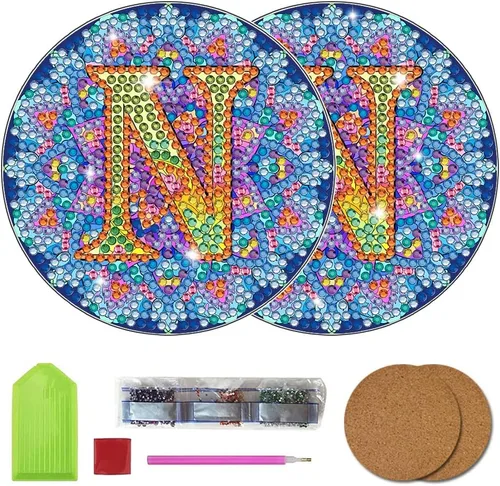 Vista 17 de Bysincy Juego de 2 posavasos de pintura de diamantes de 26 letras A-Z, 5D, arte de diamante, mosaico, alfabeto, kit por número para adultos y niños