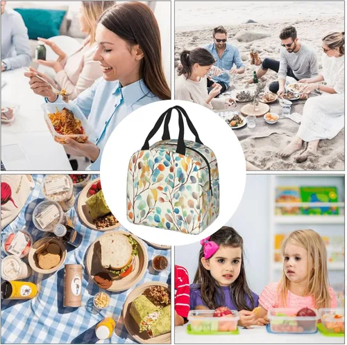 Vista 7 de Giwawa Bolsa de almuerzo aislada con hojas coloridas de acuarela, color gris, amarillo, con flores silvestres, reutilizable, térmica, impermeable