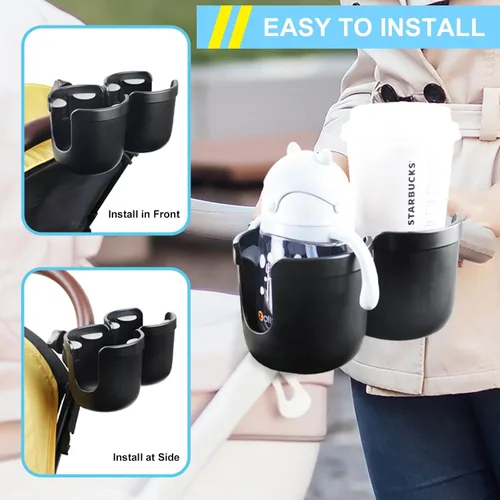 Vista 5 de JINKEY Soporte universal de doble taza de rotación de 360° para cochecito de bebé, ajustable 2 en 1 doble soporte para cochecito para bicicleta