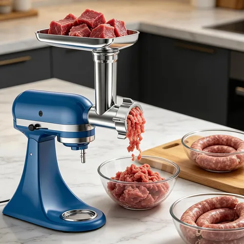 Vista 7 de KitchenAid - Molinillo de carne para batidora de pie, molinillo de alimentos de acero inoxidable con 3 tubos de relleno de salchichas, 4 placas