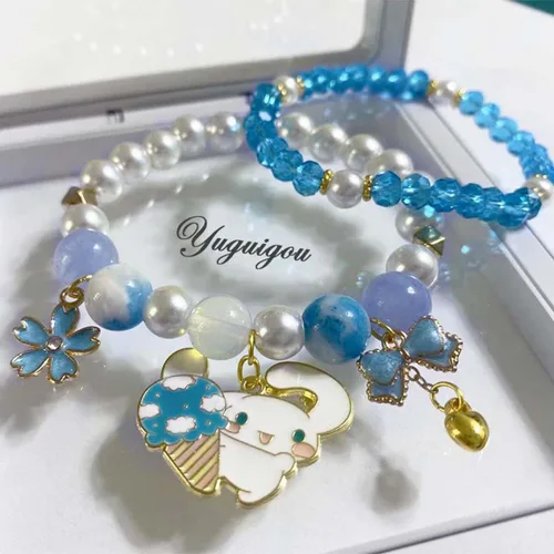 Vista 4 de Pulsera de cristal Kawaii con cuentas elásticas de dibujos animados, conjunto de pulseras a juego de pulseras de cuentas de cristal azul, rosa