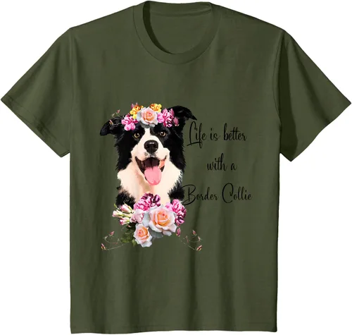 Vista 12 de Life is Better With a Border Collie - Camiseta de perro lindo con flores, gris, S Gris Oscuro
