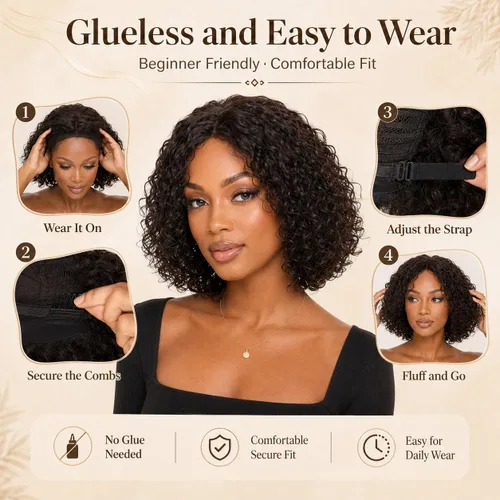 Vista 7 de Peluca de cabello humano rizado profundo de 12 pulgadas para NATURAL-RIZADO