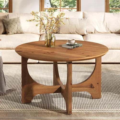 Vista 4 de Mesa de centro de madera maciza de 31.5 pulgadas, mesa central redonda de granja para sala de estar, apartamento, espacio pequeño, color marrón