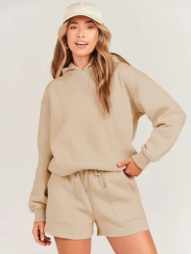 Vista 6 de Prinbara Conjunto de dos piezas para mujer, conjunto de sudadera con capucha y pantalones cortos, sudadera con capucha y pantalones cortos de otoño