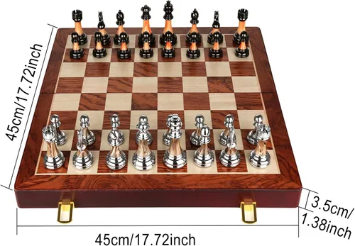 Vista 4 de Metal Chess Set for Adults and Kids – Deluxe Chess Board with Zinc Alloy and Acrylic Chess Pieces – Travel Folding Wooden Chess Board Set with Metal