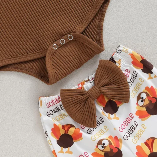 Vista 5 de Conjunto de mameluco acanalado para bebé recién nacida, Halloween, Acción de Gracias, enterizo con volantes, diseño de calabaza, pavo, pantalones