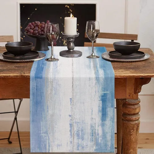 Vista 10 de Emvency - Camino de mesa de estilo granja, pintura de arte abstracto vintage en azul y gris para mesa de cocina, cenas familiares, fiestas, bodas