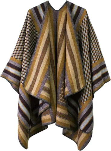 Vista 16 de Chal estilo poncho de frente abierta con patrón vintage para mujer, abrigo de invierno Serie 15-negro