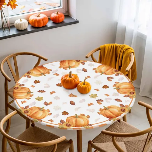 Vista 37 de Mantel ajustado para mesa redonda, mantel de otoño con hojas de otoño y calabaza de Acción de Gracias con borde elástico, mantel impermeable de Beige