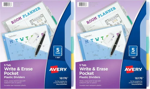 Vista 10 de Avery Write & Erase Separadores de plástico de bolsillo para carpetas de 3 anillas, juego de 5 pestañas, funciona con protectores de hojas