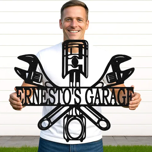 Vista 22 de Letrero de metal personalizado para garaje, arte de pared personalizado para hombres, decoración de taller mecánico con nombre, decoración