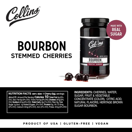Vista 4 de Collins Bourbon Cocktail Cherries - Aderezo para bebidas para cócteles Manhattan o Old Fashioned y postres, hecho con whisky galardonado, frasco