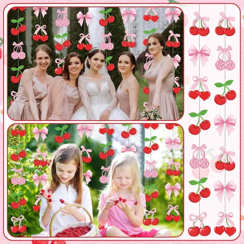 Vista 7 de Xinnun Decoraciones de Fiesta de Cerezas Pancartas Colgantes con Lazo Rosa Guirnalda Cerezas Decoraciones de Baby Shower Recortes Cintas Serpentinas