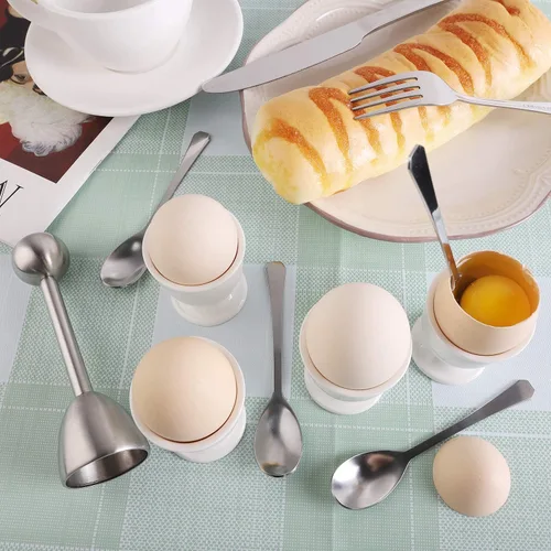 Vista 6 de Juego de decoración de galletas de huevo para quitar cáscaras de huevos duros y suaves, incluye 1 cortador de huevos, 4 tazas de huevos de cerámica