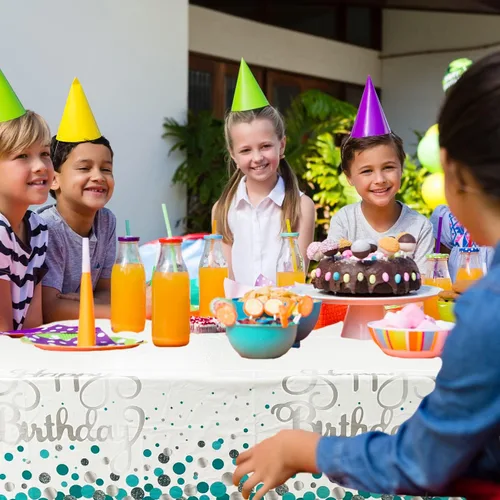 Vista 7 de 3 manteles de cumpleaños verde azulado y plateado para decoraciones