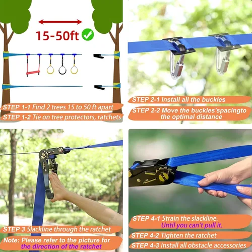 Vista 4 de Ninja Warrior - Carrera de obstáculos para patio trasero de niños, kit de línea floja de 65 pies con 13 obstáculos, hebillas de instalación rápida