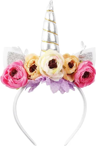 Vista 7 de Nishine Diadema de cuerno de unicornio con purpurina para niñas, diadema de camelia pony, banda para el pelo de flores, tiara para fiesta, regalo