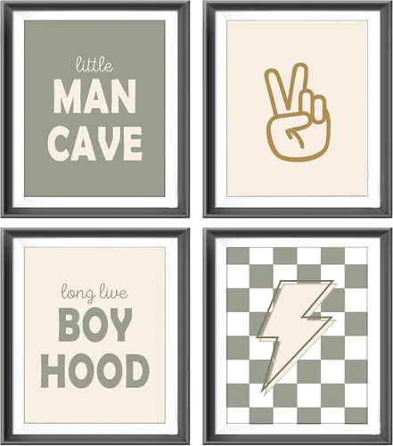 Vista 10 de Pósters Retro de Cueva del Hombrecito Preppy a Cuadros Rayo Signo de Paz Larga Vida a la Niñez para Habitación de Niño Adolescente Decoración