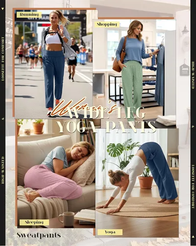 Vista 198 de Neer - Conjunto de 3 pantalones de yoga de pierna ancha para mujer - Pantalones deportivos cómodos, holgados, de cintura alta y casuales