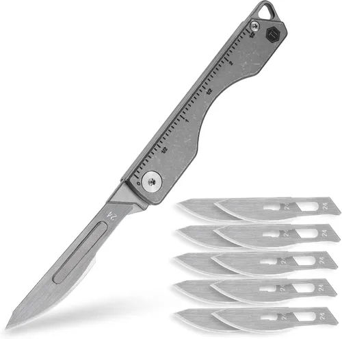Vista 13 de KeyUnity KK01 Cuchillo plegable de titanio, cuchillo de bolsillo EDC con hoja reemplazable #24, para caza al aire libre, campamento, pesca