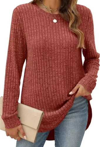 Vista 2 de Suéteres básicos de otoño para mujer, manga larga, cuello redondo, suéter de invierno de punto acanalado, suéter de invierno