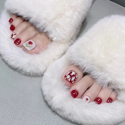 Vista 43 de Uñas postizas acrílicas artificiales negras para los dedos de los pies, ataúd a presión con diseños de flores blancas, uñas postizas reutilizables