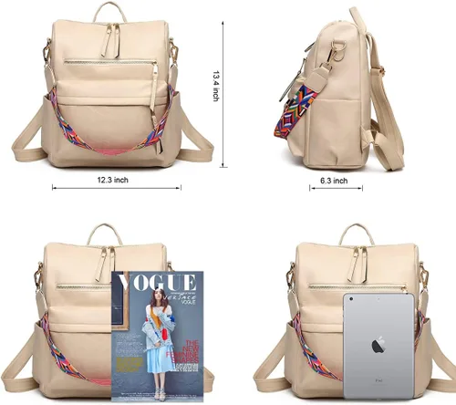 Vista 6 de Mochila para mujer bolsa de viaje de moda multiusos bolso de diseñador para mujer bolso de hombro de piel sintética Beige 123W x 134H x 63T Portátil
