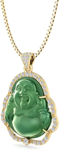 Vista 7 de Collar de Buda verde sonriente de plata, 20 pulgadas, collar de cristal verde, collares de Buda de oro para mujer, collar de Buda riendo colgante