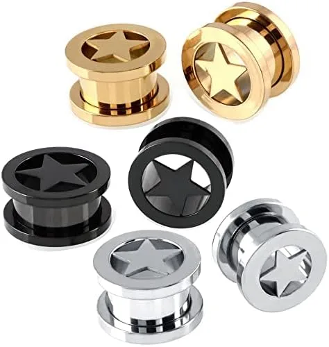 Vista 4 de Par de tapones de túneles de estrella, túneles de tornillo de acero inoxidable, dilatadores de orejas, dilatadores de piercing con anillo tórico